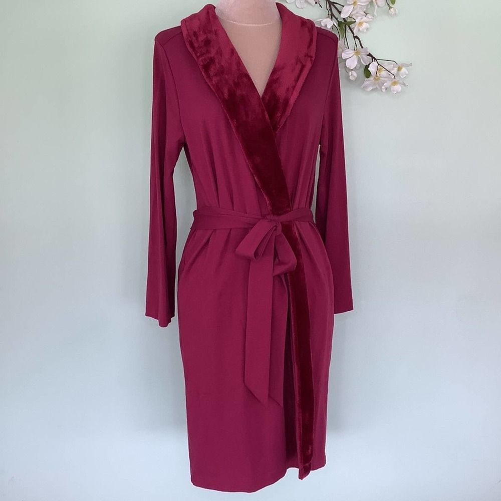 Soma Cotton Modal Fluffy Velour Lapel Short Lightweight Robe Stretchy Berry